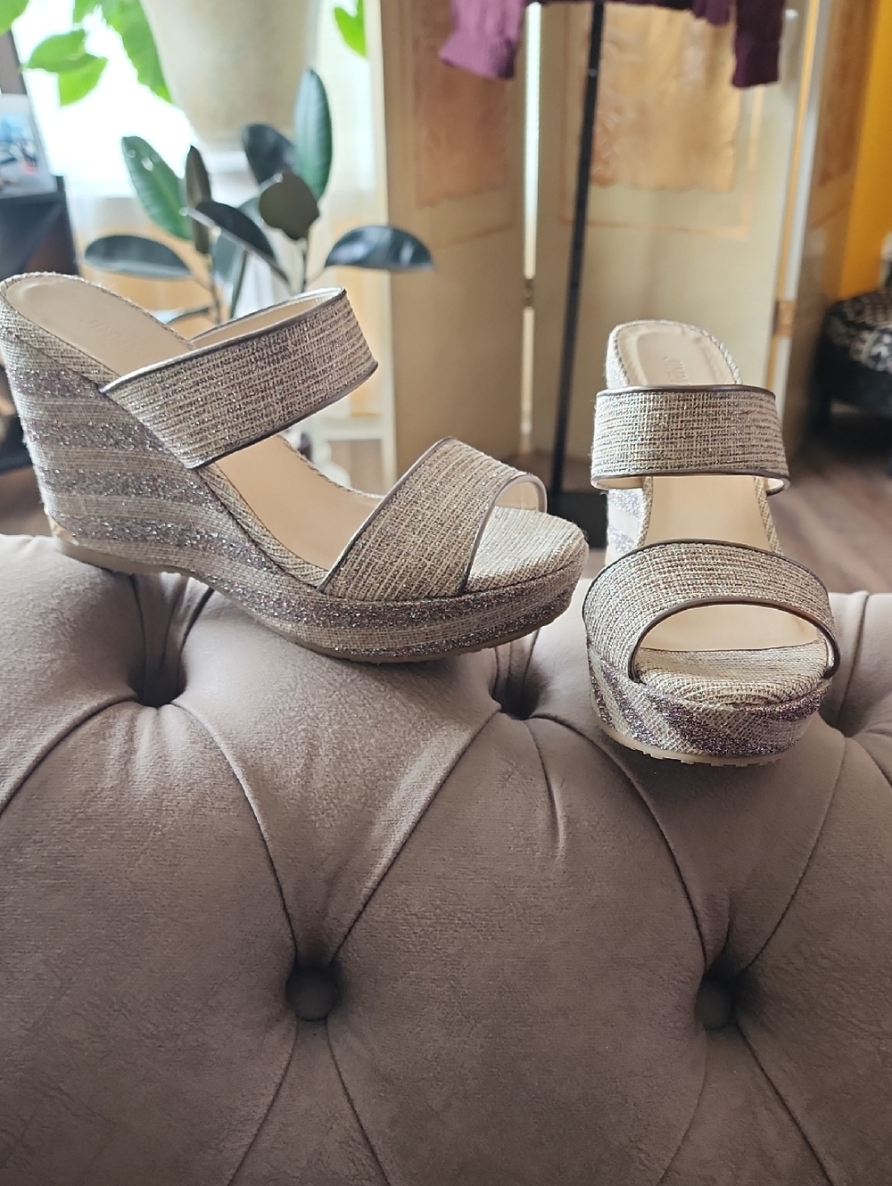 Jimmy Choo Metallic Taupe Textured Wedge Sandals